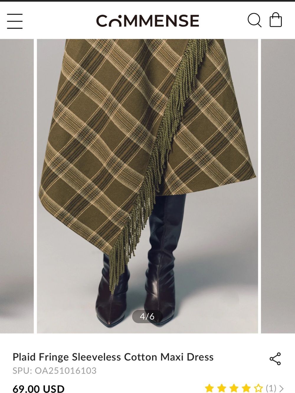 COMMENSE Olive Plaid Fringe Sleeveless Cotton Maxi Dress NWT size medium - Picture 3 of 7